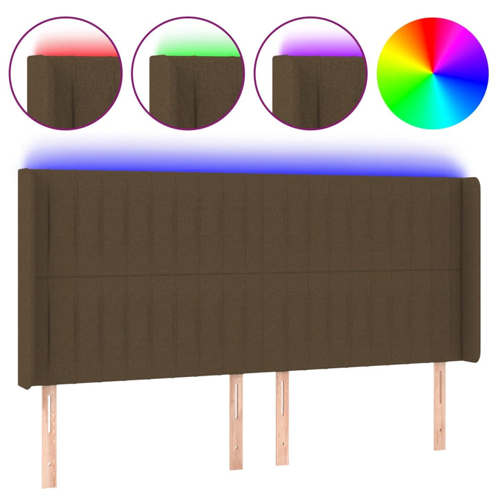 sengegavl med LED-lys 203x16x118/128 cm stof mørkebrun