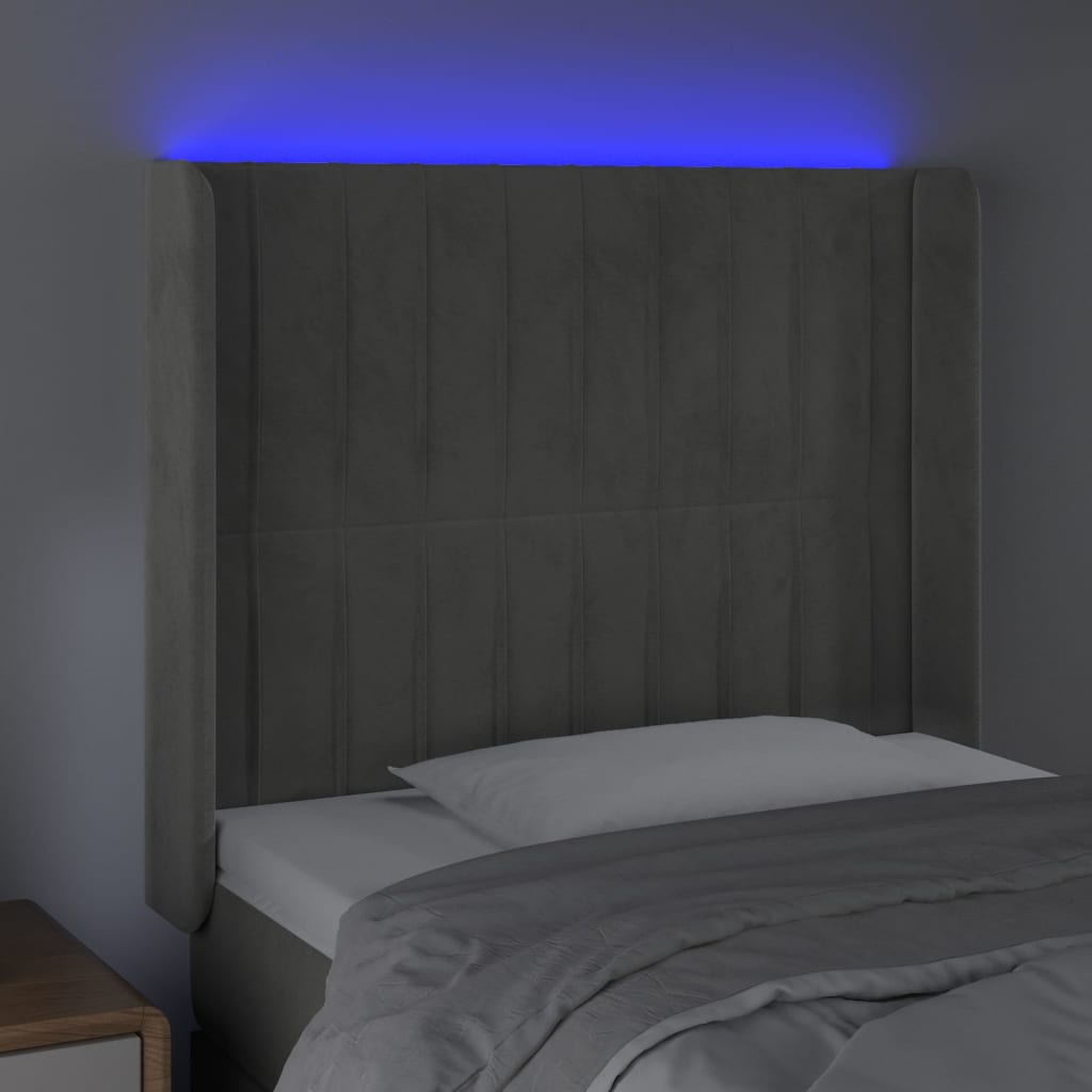 sengegavl med LED-lys 83x16x118/128 cm fløjl lysegrå