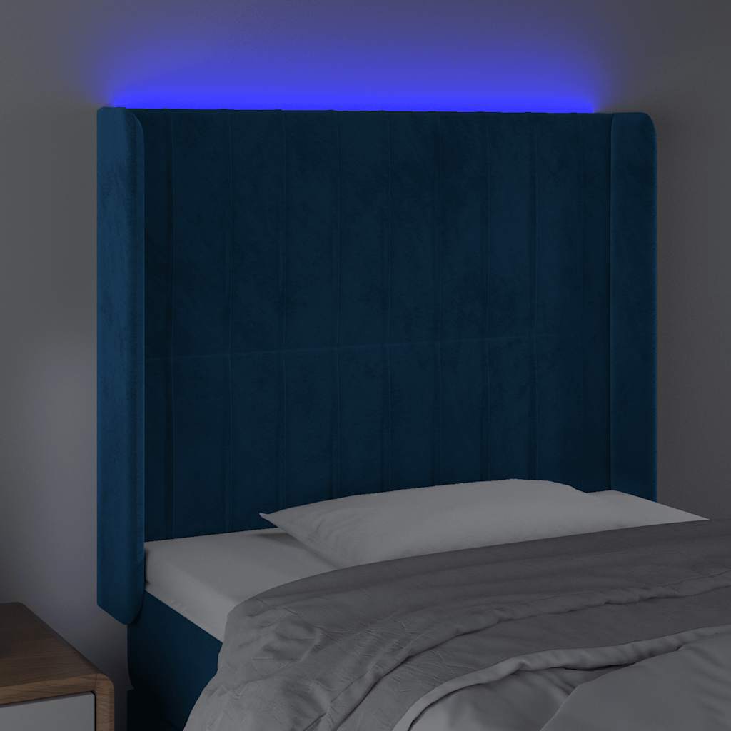 sengegavl med LED-lys 83x16x118/128 cm fløjl mørkeblå