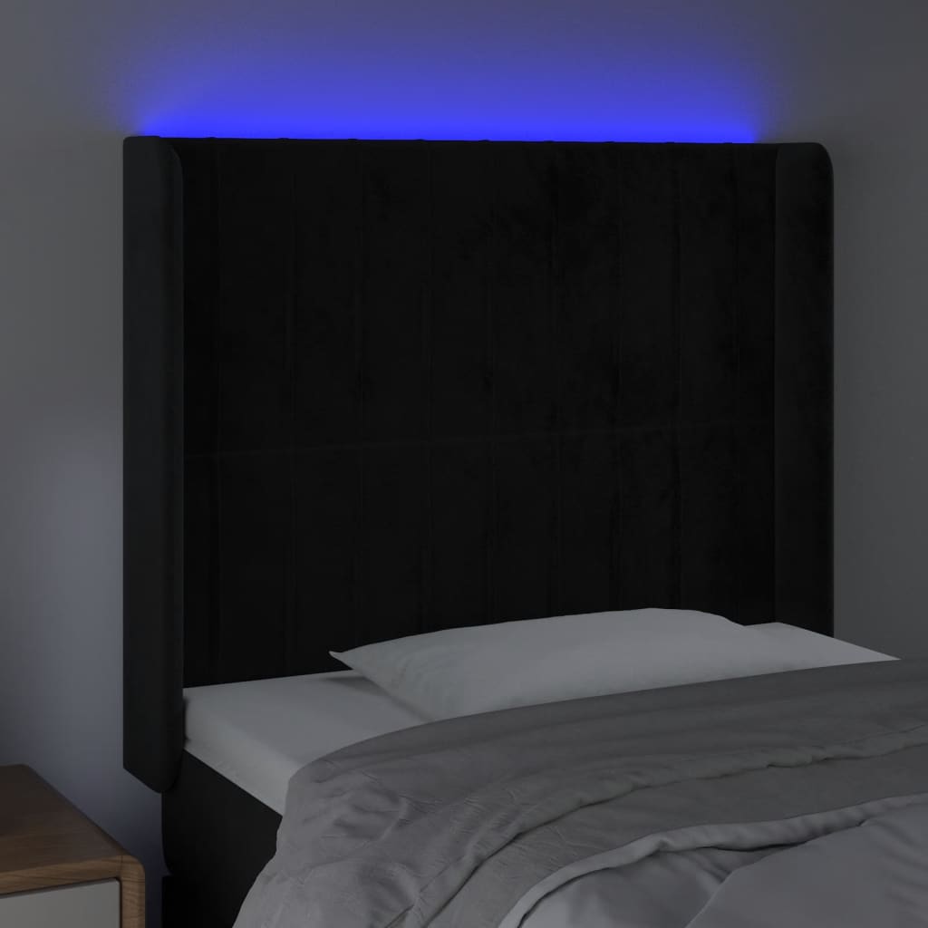 sengegavl med LED-lys 93x16x118/128 cm fløjl sort
