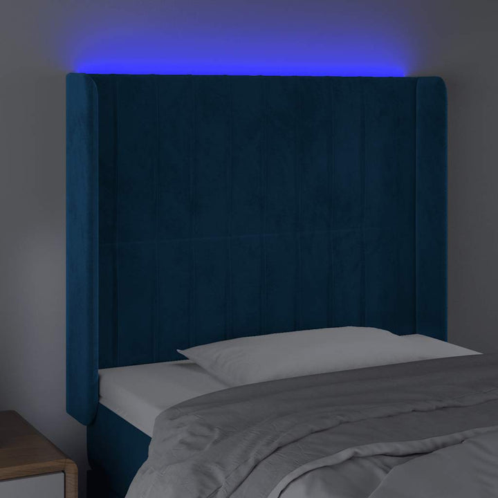 sengegavl med LED-lys 93x16x118/128 cm fløjl mørkeblå
