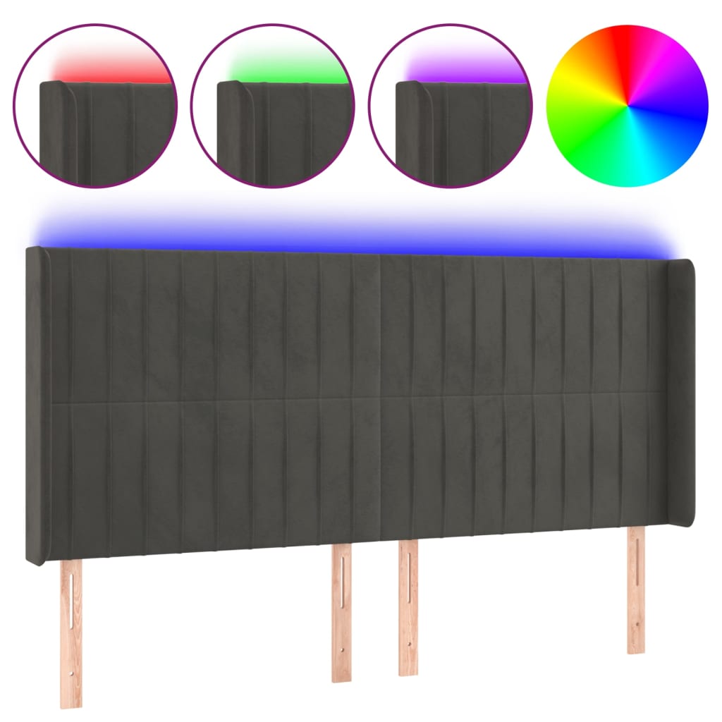 sengegavl med LED-lys 183x16x118/128 cm fløjl mørkegrå