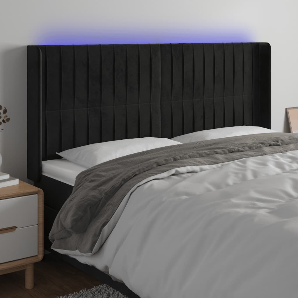 sengegavl med LED-lys 183x16x118/128 cm fløjl sort