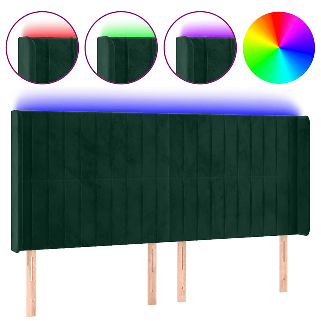 sengegavl med LED-lys 183x16x118/128 cm fløjl mørkegrøn