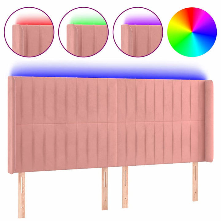 sengegavl med LED-lys 183x16x118/128 cm fløjl lyserød