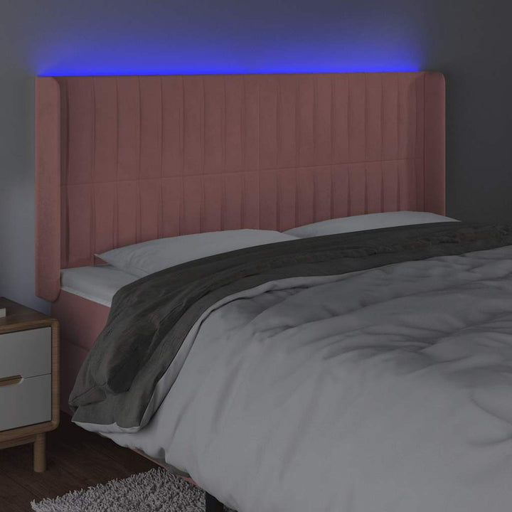 sengegavl med LED-lys 183x16x118/128 cm fløjl lyserød