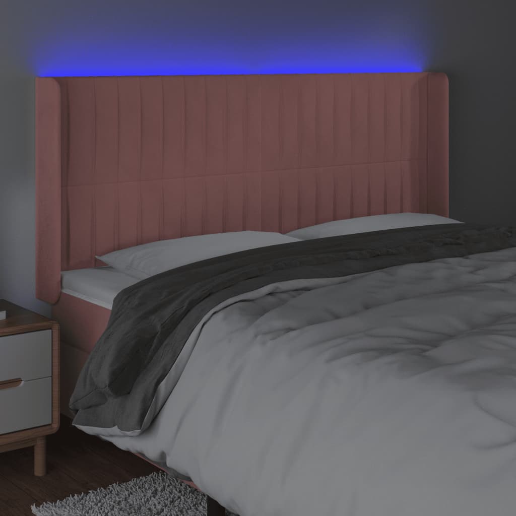 sengegavl med LED-lys 183x16x118/128 cm fløjl lyserød