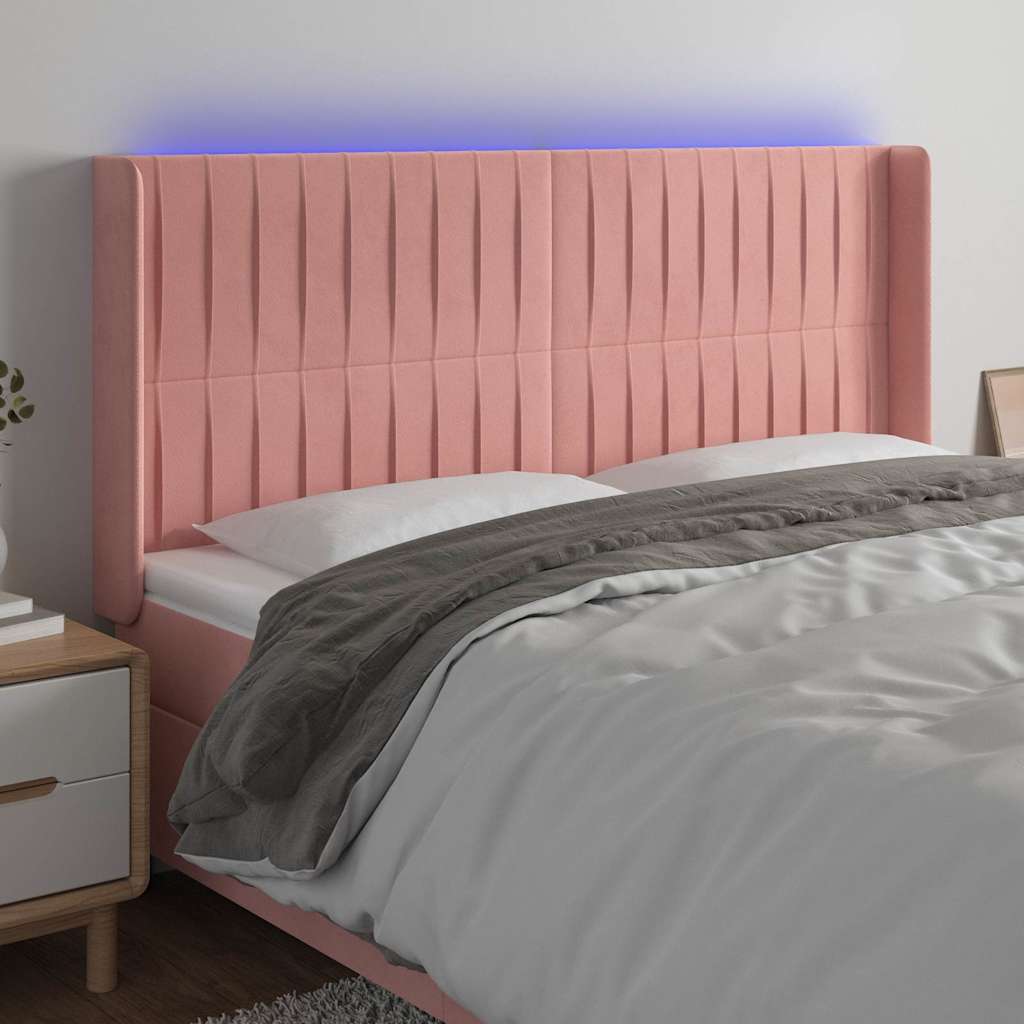 sengegavl med LED-lys 183x16x118/128 cm fløjl lyserød