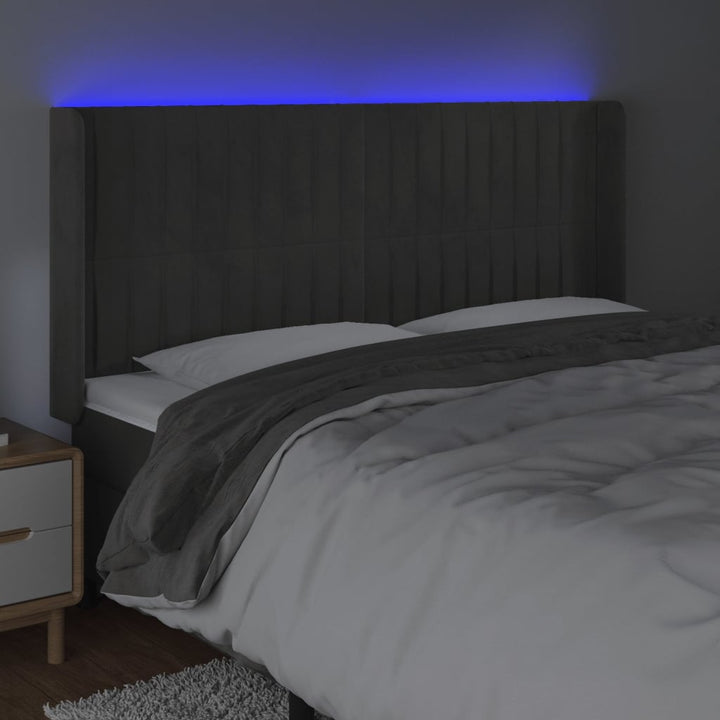 sengegavl med LED-lys 203x16x118/128 cm fløjl mørkegrå