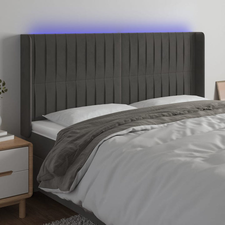 sengegavl med LED-lys 203x16x118/128 cm fløjl mørkegrå