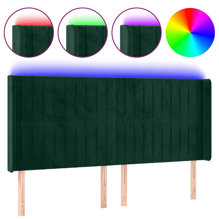 sengegavl med LED-lys 203x16x118/128 cm fløjl mørkegrøn