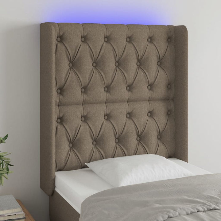 sengegavl med LED-lys 83x16x118/128 cm stof gråbrun