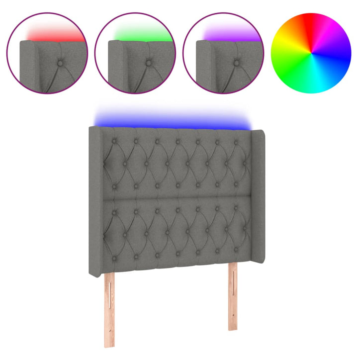 sengegavl med LED-lys 103x16x118/128 cm stof mørkegrå