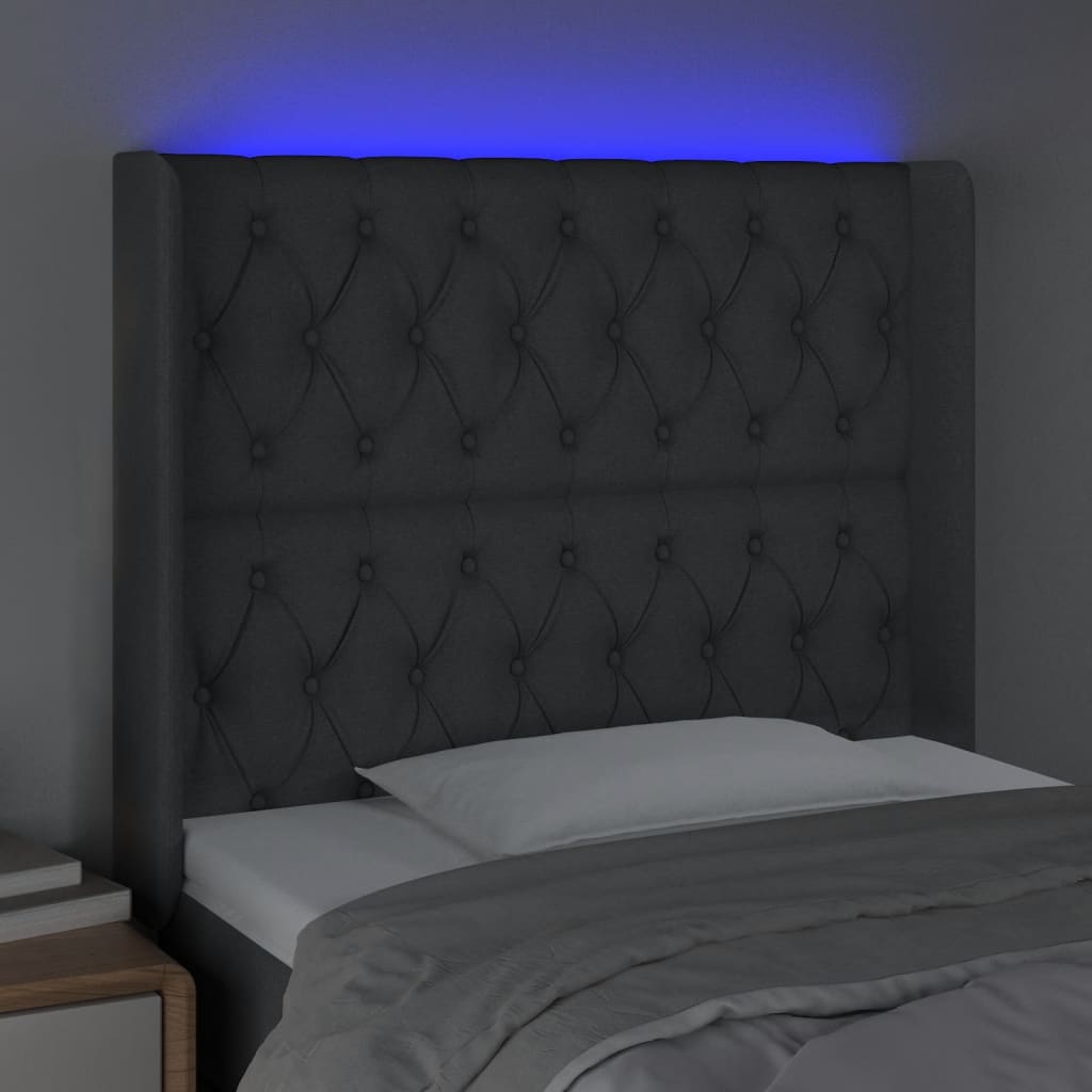 sengegavl med LED-lys 103x16x118/128 cm stof mørkegrå