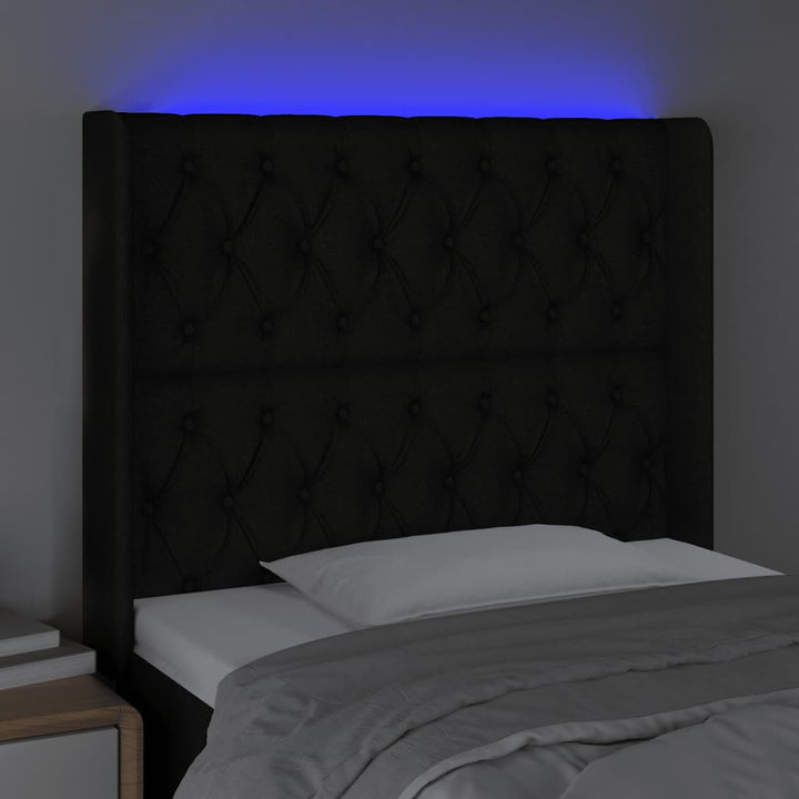 sengegavl med LED-lys 103x16x118/128 cm stof sort