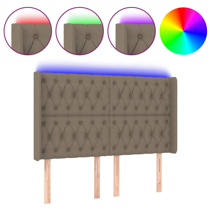 sengegavl med LED-lys 147x16x118/128 cm stof gråbrun