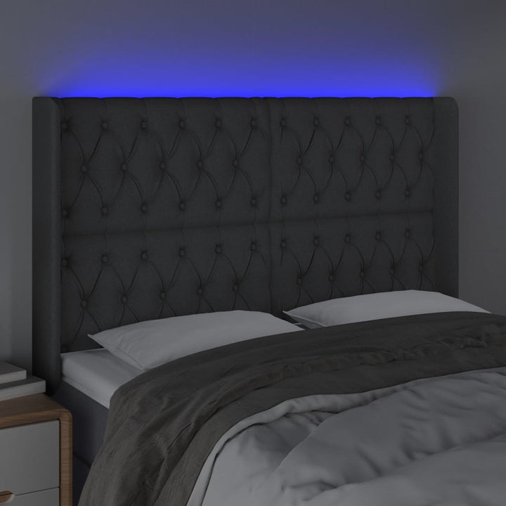 sengegavl med LED-lys 163x16x118/128 cm stof mørkegrå