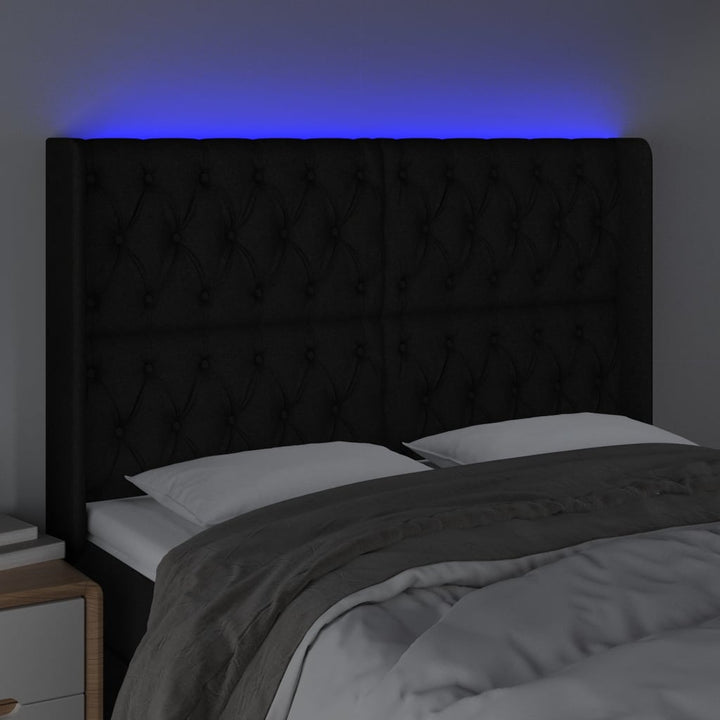 sengegavl med LED-lys 163x16x118/128 cm stof sort