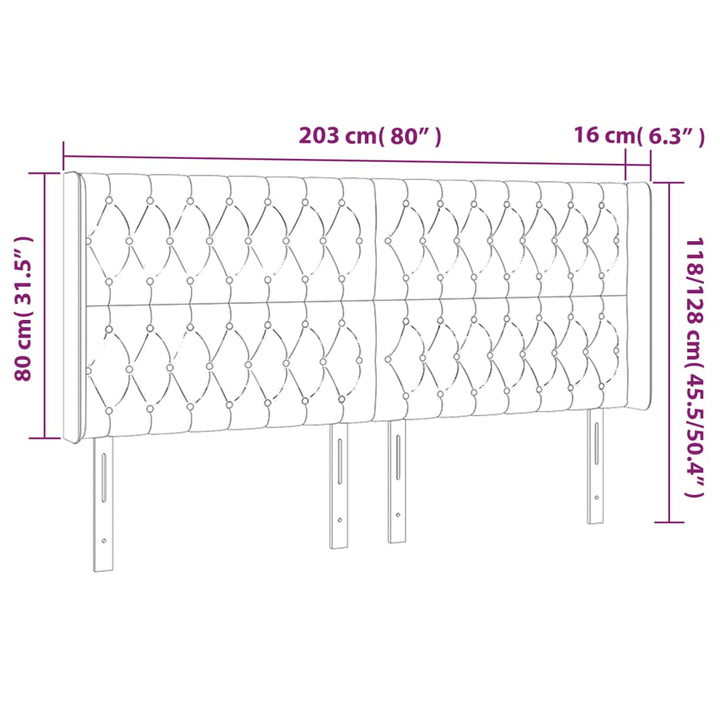 sengegavl med LED-lys 203x16x118/128 cm stof lysegrå