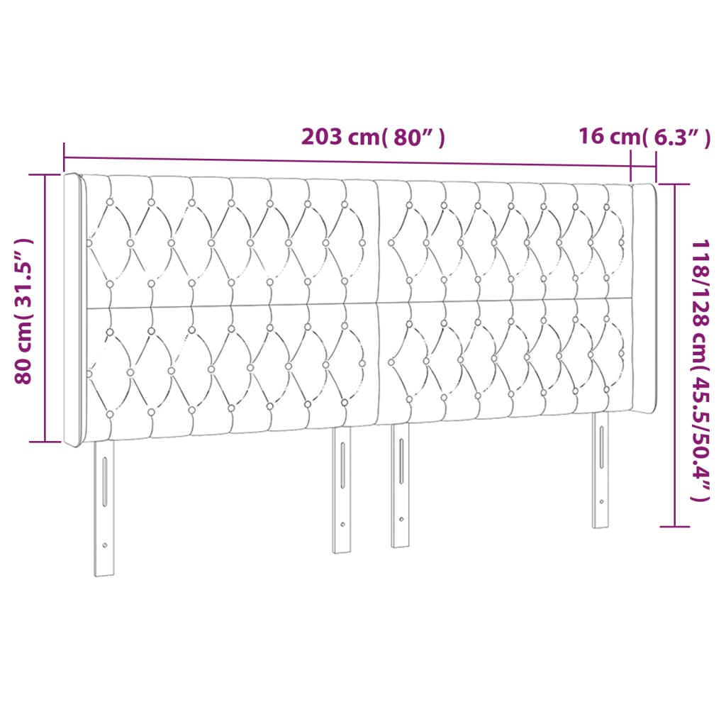 sengegavl med LED-lys 203x16x118/128 cm stof mørkebrun