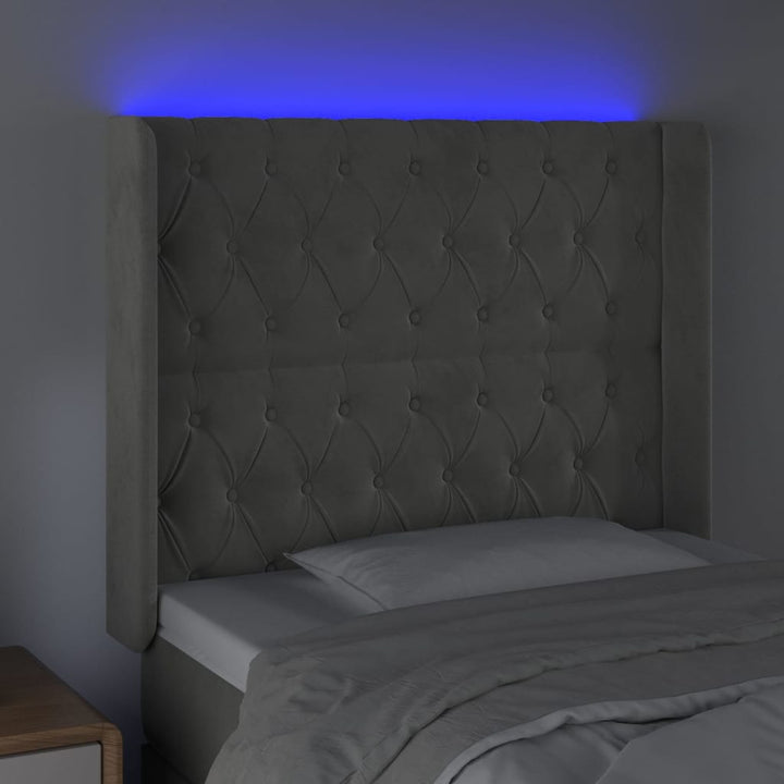 sengegavl med LED-lys 93x16x118/128 cm fløjl lysegrå