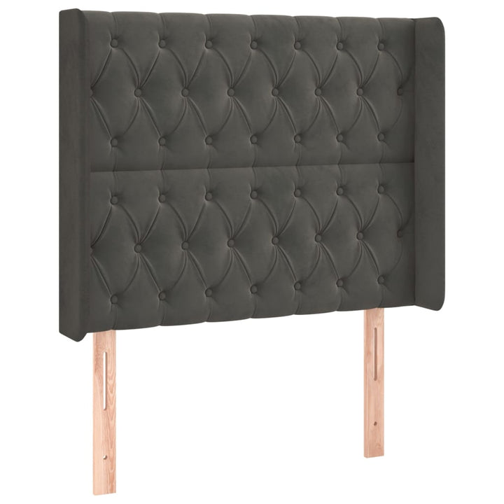 sengegavl med LED-lys 93x16x118/128 cm fløjl mørkegrå