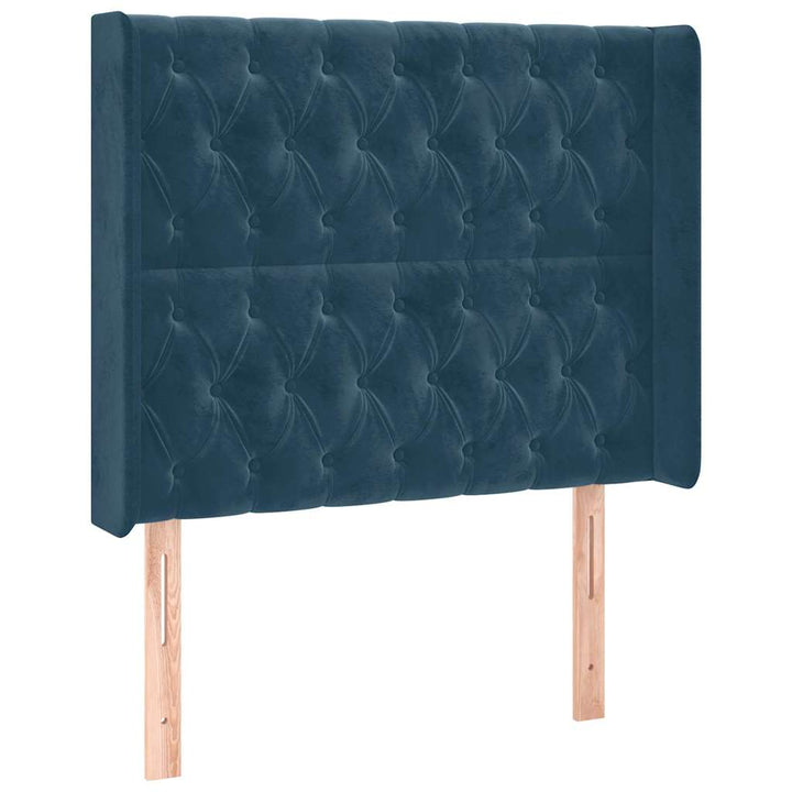 sengegavl med LED-lys 93x16x118/128 cm fløjl mørkeblå