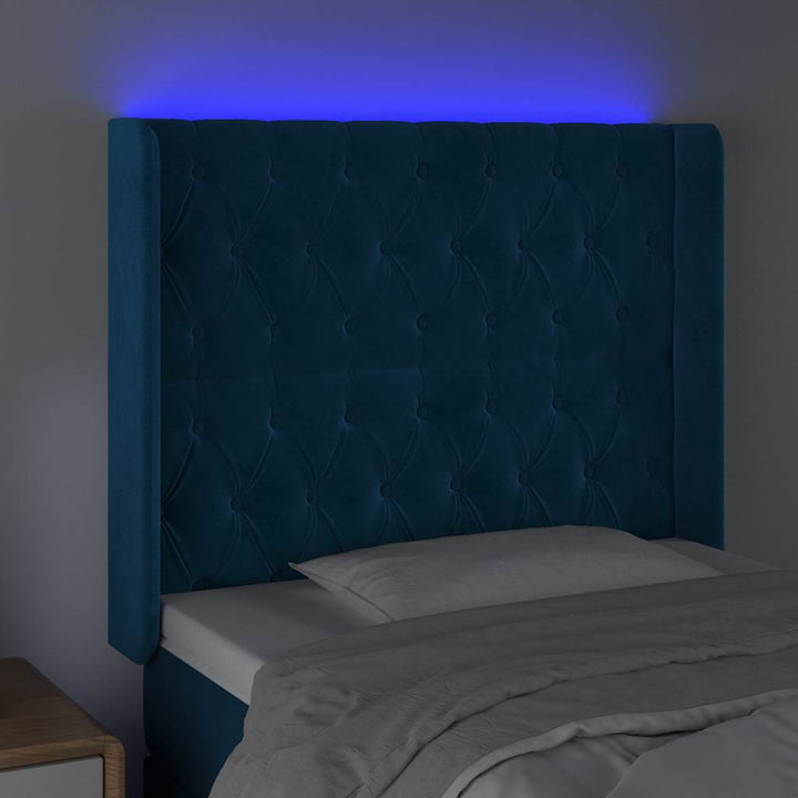 sengegavl med LED-lys 93x16x118/128 cm fløjl mørkeblå