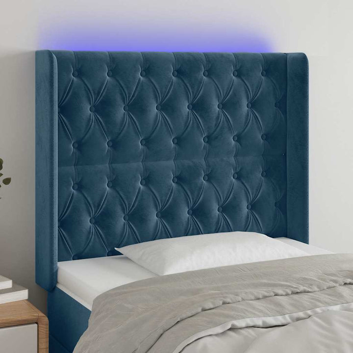 sengegavl med LED-lys 93x16x118/128 cm fløjl mørkeblå