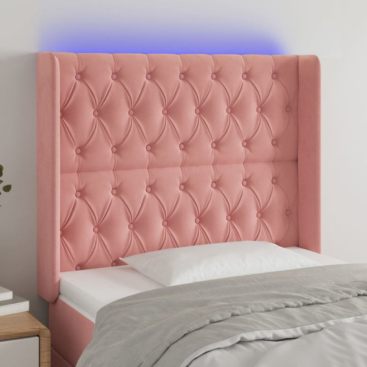 sengegavl med LED-lys 93x16x118/128 cm fløjl lyserød