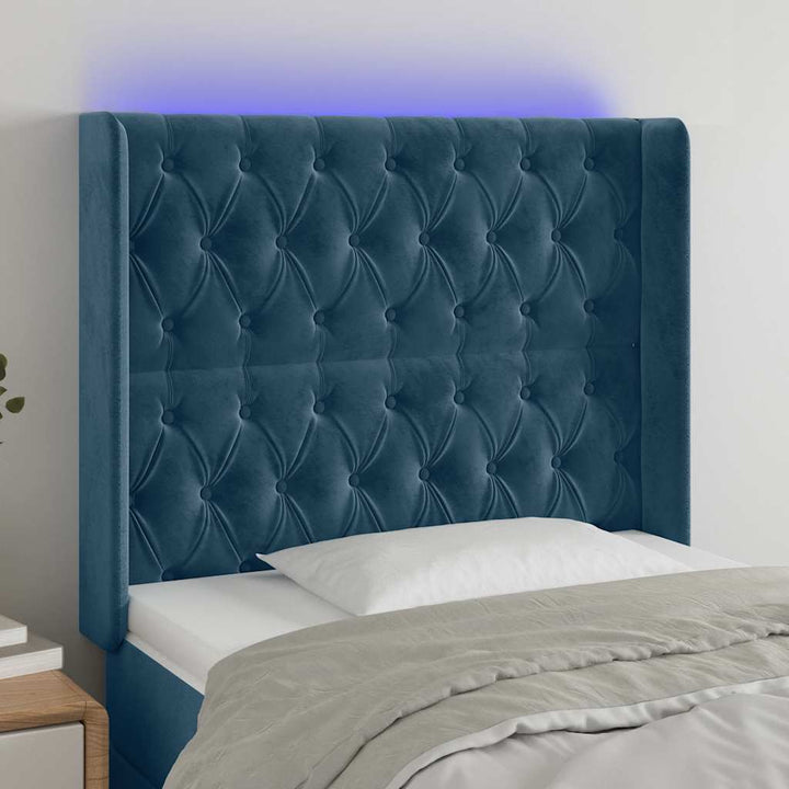 sengegavl med LED-lys 103x16x118/128 cm fløjl mørkeblå