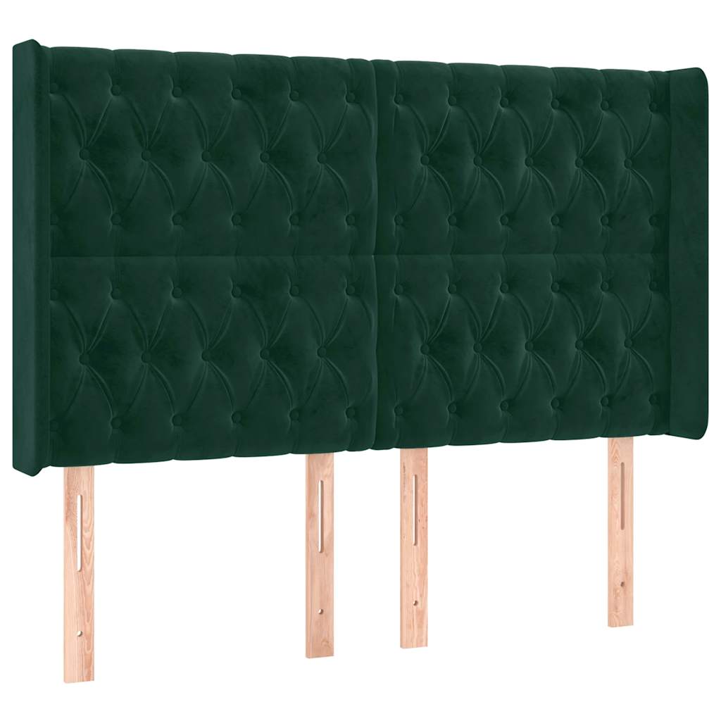 sengegavl med LED-lys 147x16x118/128 cm fløjl mørkegrøn