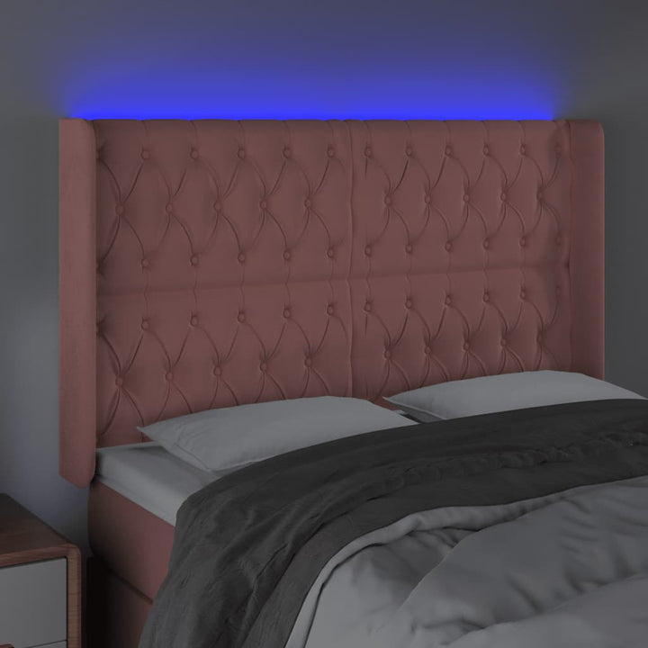 sengegavl med LED-lys 147x16x118/128 cm fløjl lyserød