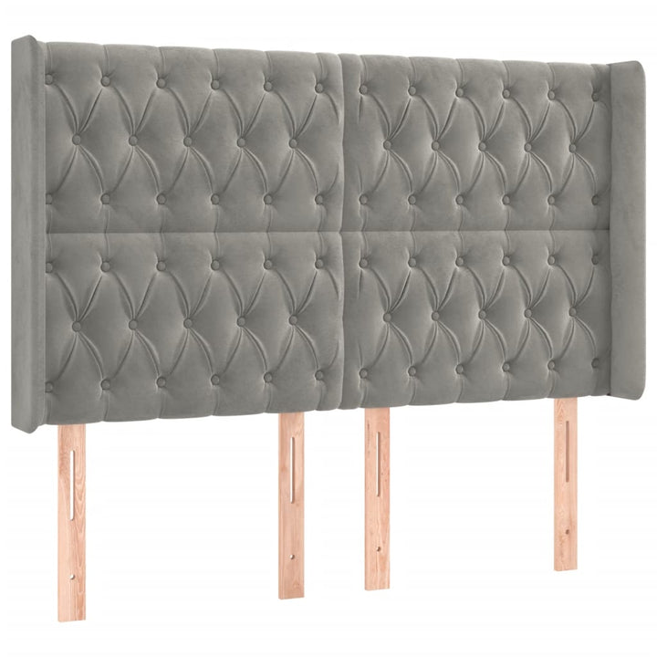 sengegavl med LED-lys 163x16x118/128 cm fløjl lysegrå