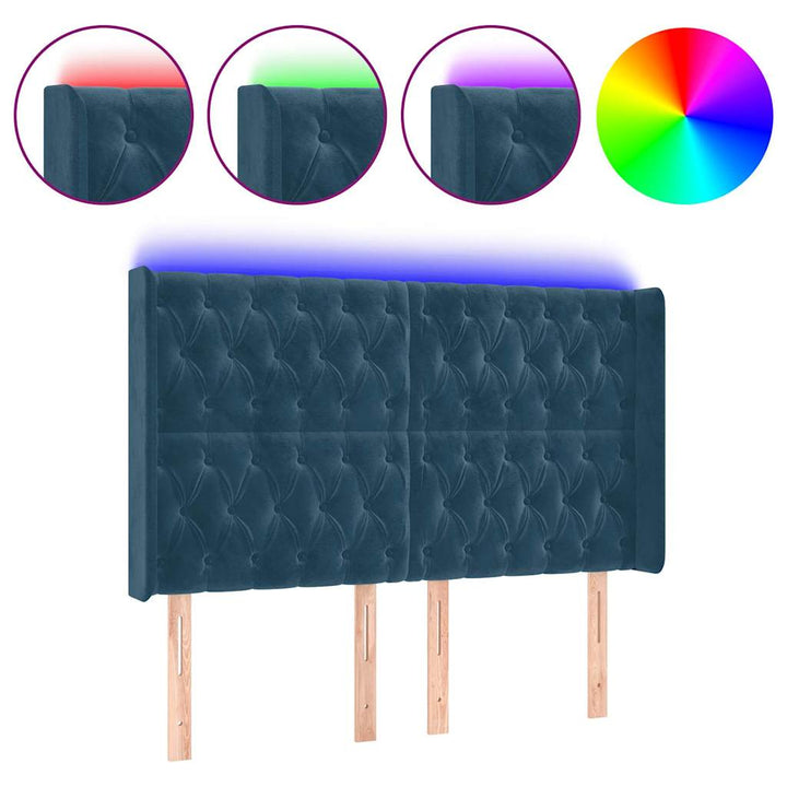 sengegavl med LED-lys 163x16x118/128 cm fløjl mørkeblå