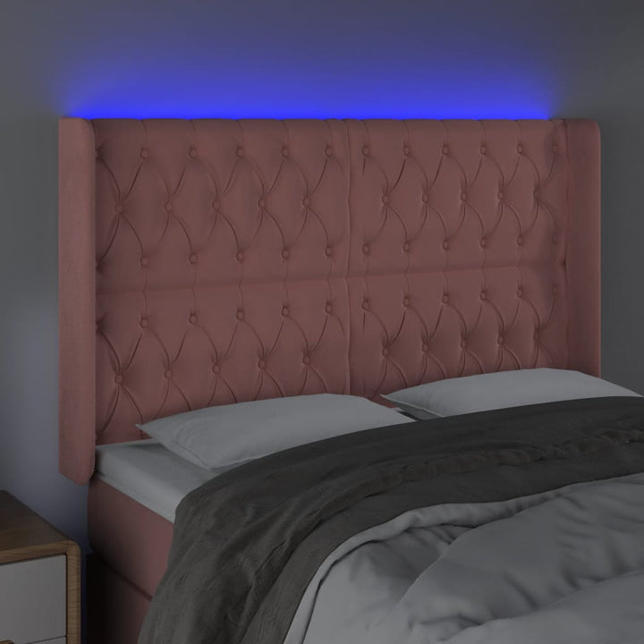 sengegavl med LED-lys 163x16x118/128 cm fløjl lyserød