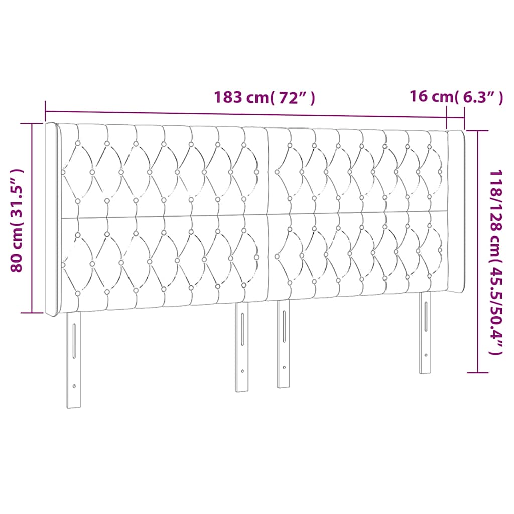sengegavl med LED-lys 183x16x118/128 cm fløjl mørkeblå