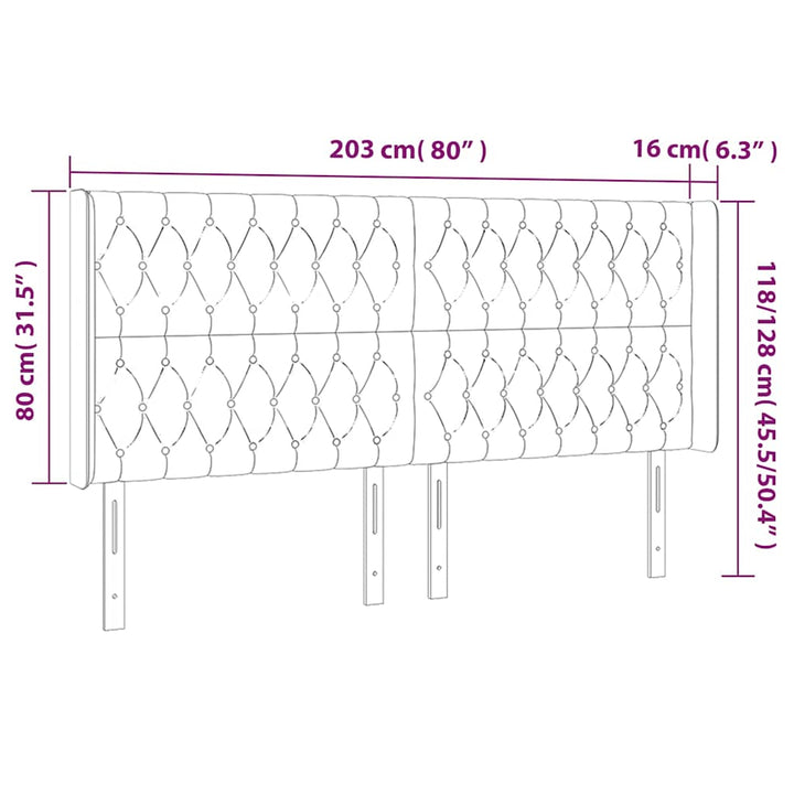 sengegavl med LED-lys 203x16x118/128 cm fløjl mørkeblå