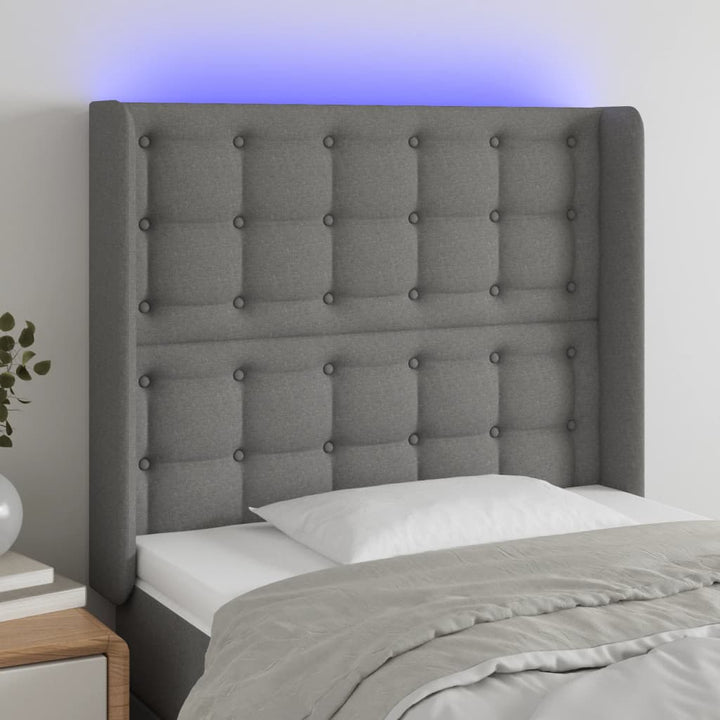 sengegavl med LED-lys 83x16x118/128 cm stof mørkegrå