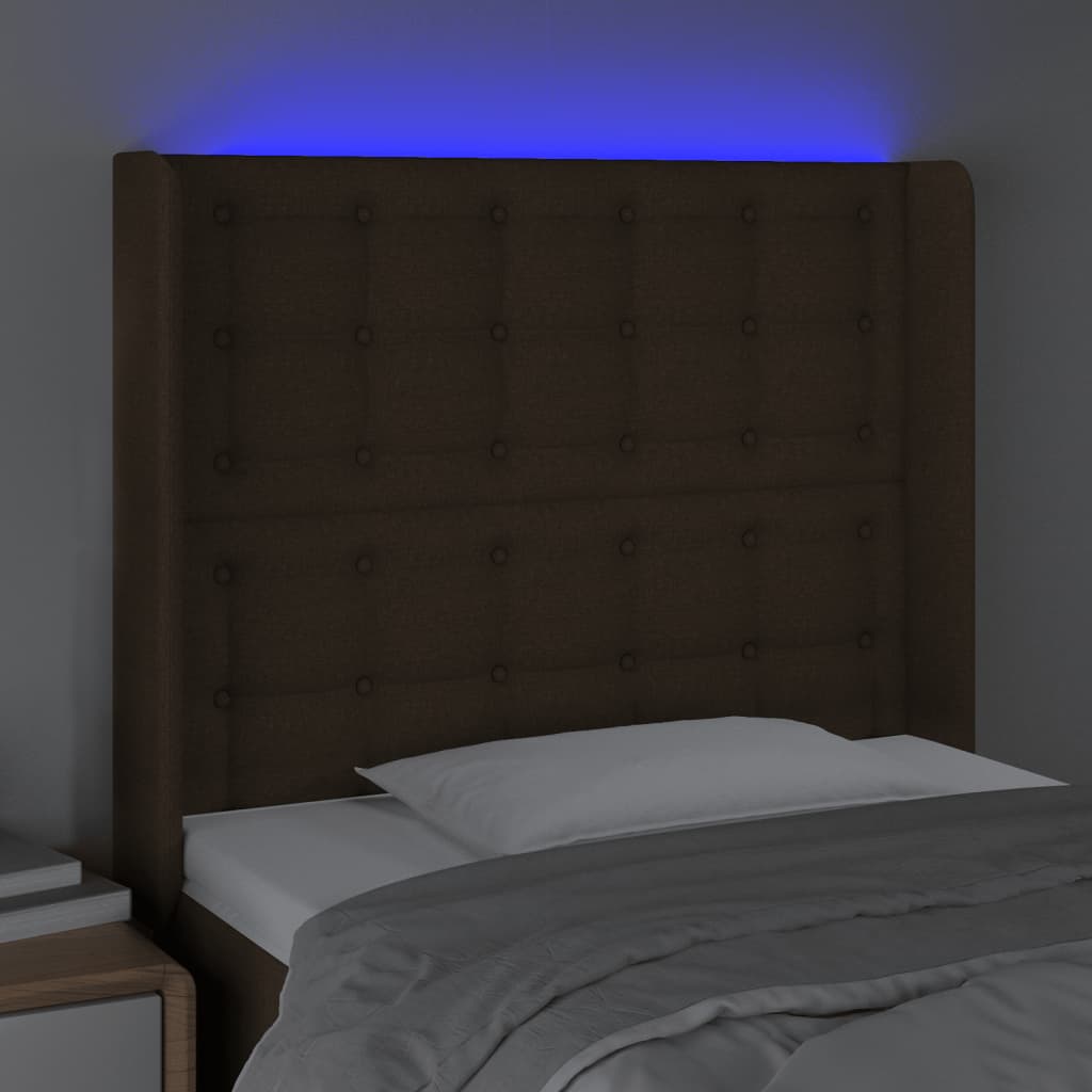 sengegavl med LED-lys 83x16x118/128 cm stof mørkebrun