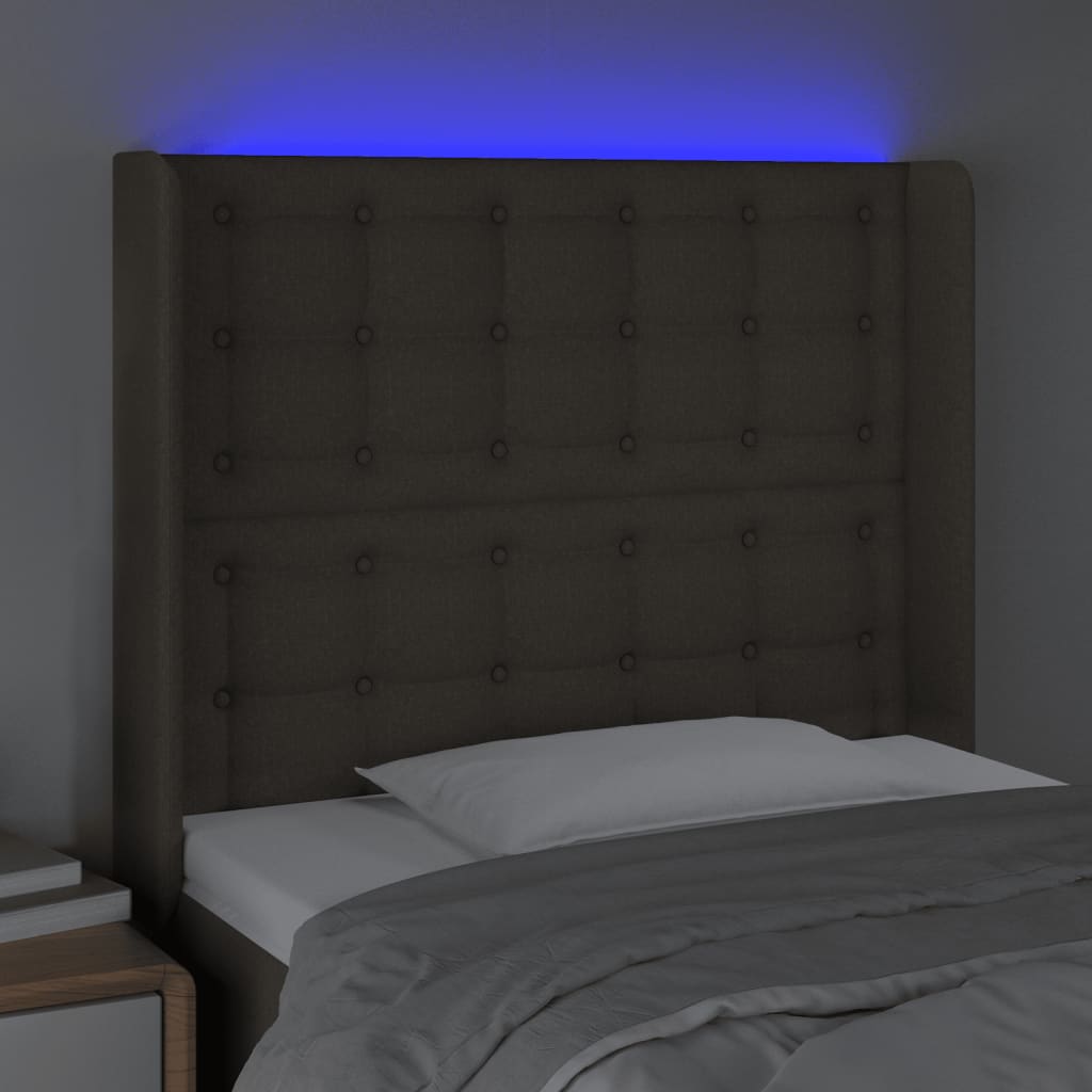 sengegavl med LED-lys 83x16x118/128 cm stof gråbrun