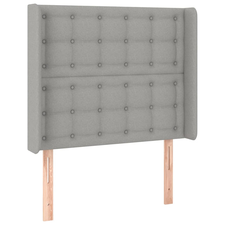 sengegavl med LED-lys 103x16x118/128 cm stof lysegrå