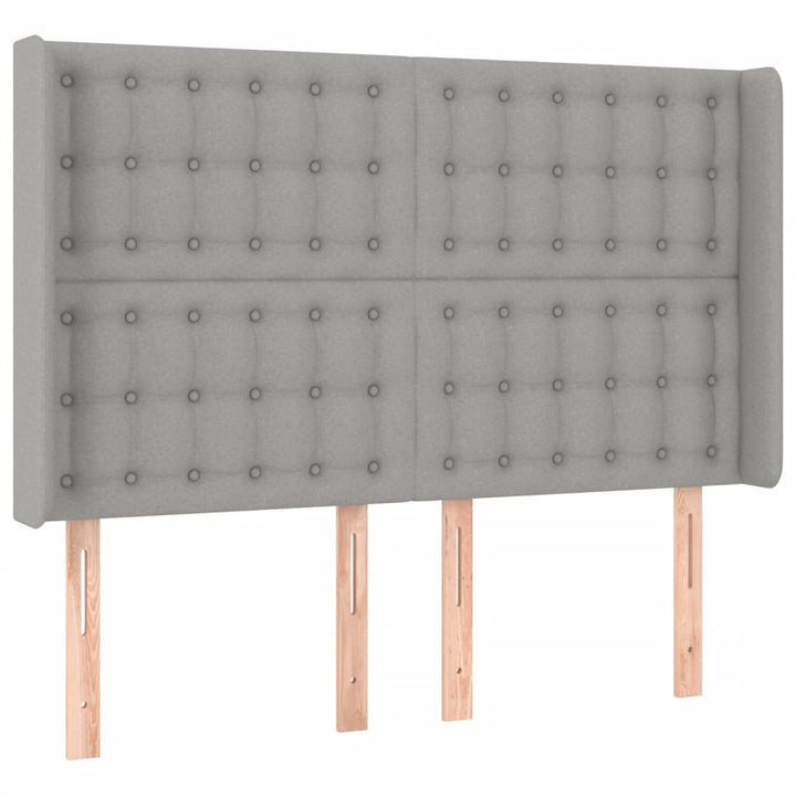 sengegavl med LED-lys 147x16x118/128 cm stof lysegrå