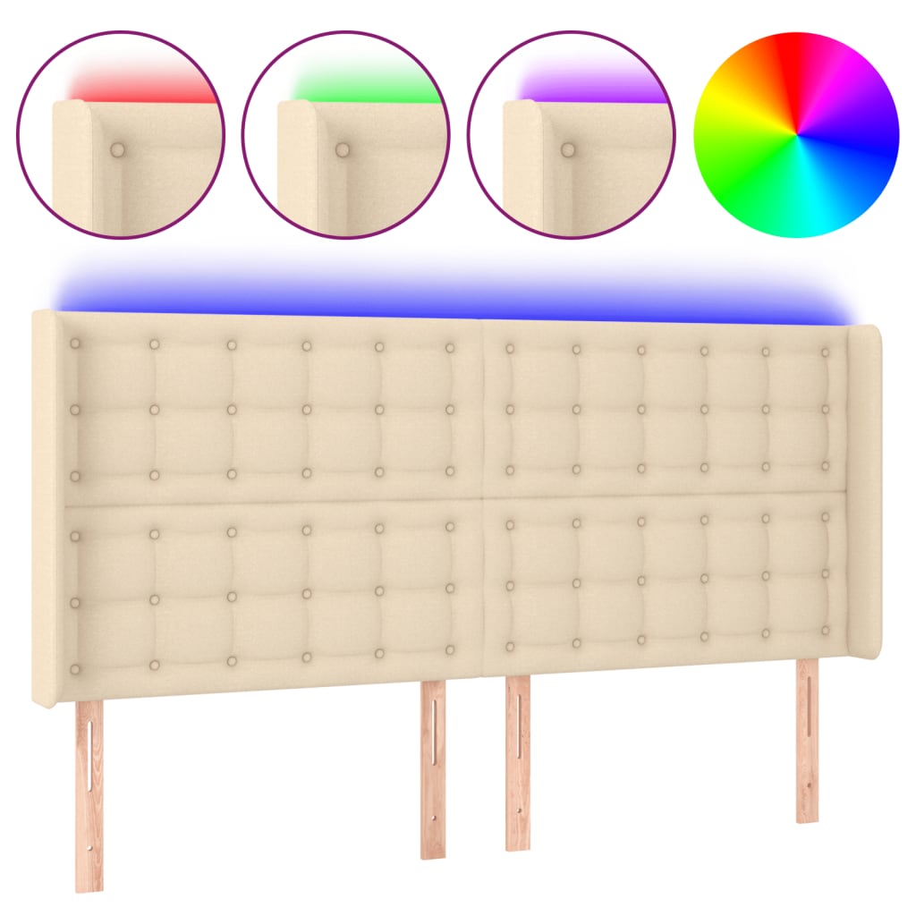 sengegavl med LED-lys 203x16x118/128 cm stof cremefarvet