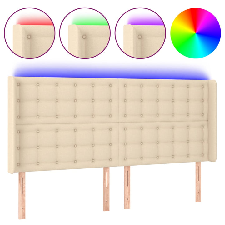 sengegavl med LED-lys 203x16x118/128 cm stof cremefarvet