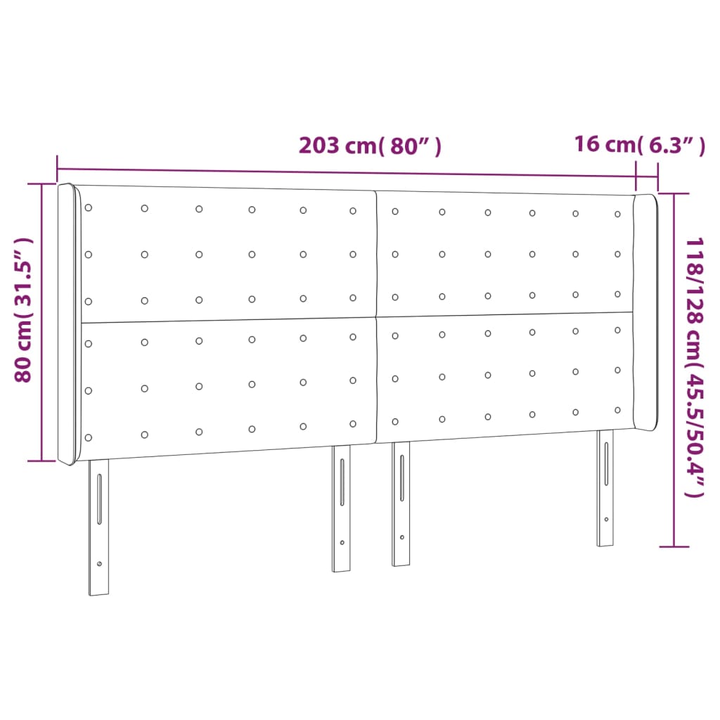 sengegavl med LED-lys 203x16x118/128 cm stof cremefarvet