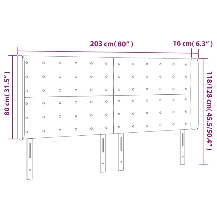 sengegavl med LED-lys 203x16x118/128 cm stof cremefarvet