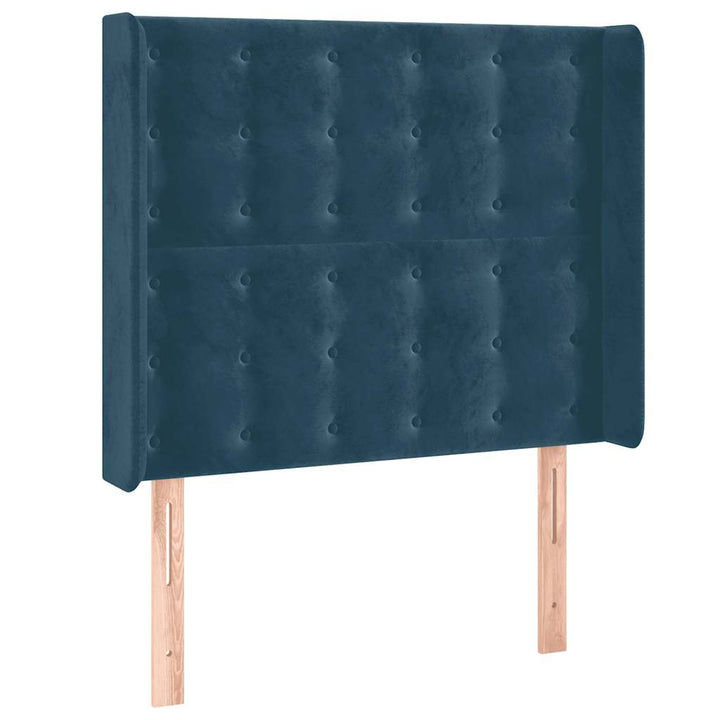 sengegavl med LED-lys 83x16x118/128 cm fløjl mørkeblå