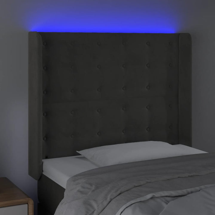 sengegavl med LED-lys 103x16x118/128 cm fløjl mørkegrå