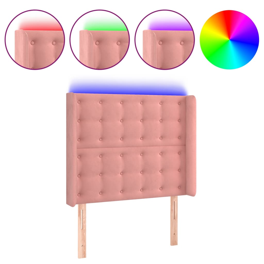 sengegavl med LED-lys 103x16x118/128 cm fløjl lyserød
